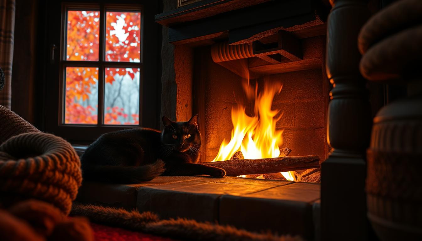 kamin i mačka u jesen