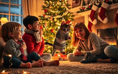 Obitelj s mačkom za Božić – na što paziti ako imaš djecu?