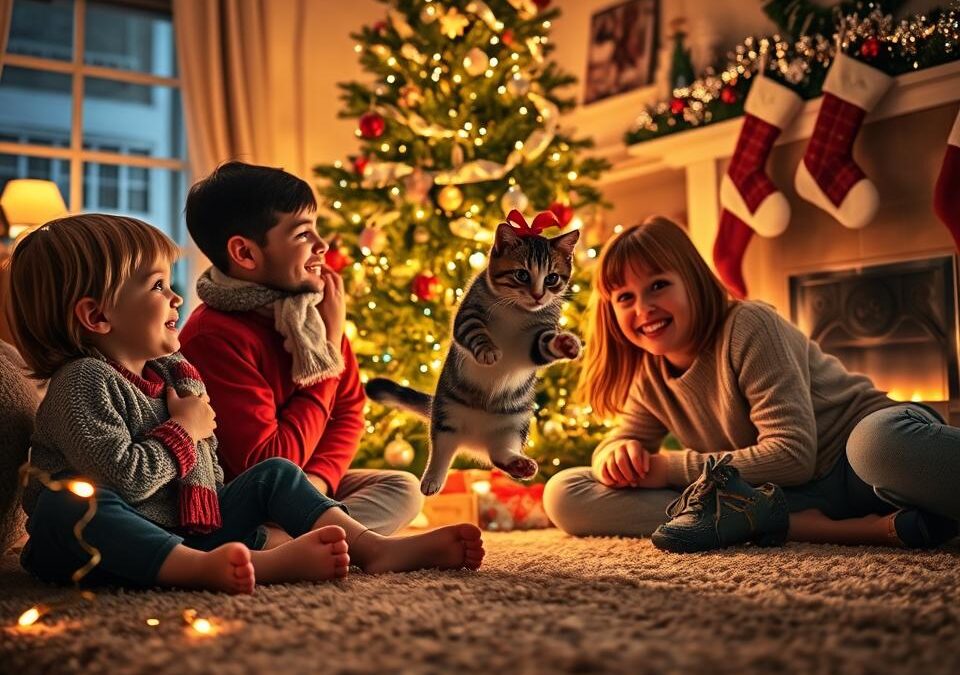 Obitelj s mačkom za Božić – na što paziti ako imaš djecu?