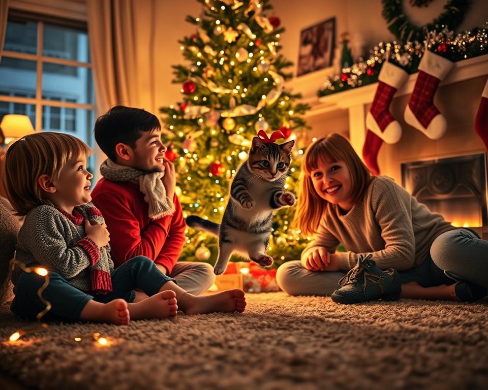 Obitelj s mačkom za Božić – na što paziti ako imaš djecu?