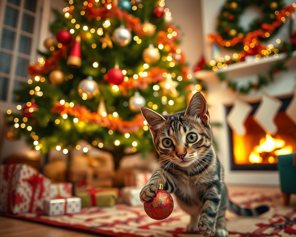 božićno ukrašavanje i mačka